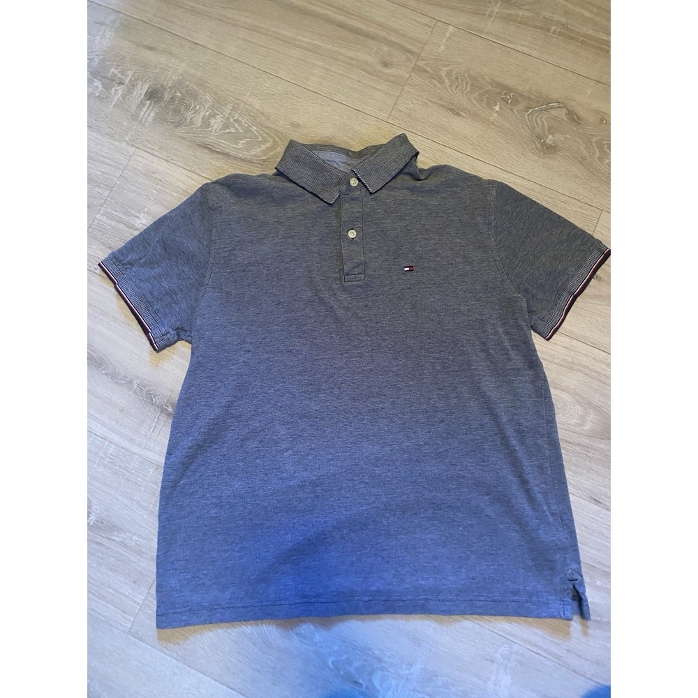 Tommy Hilfiger Polo Shirt Mens Medium Gray Blue Short Sleeve 100% Cotton Logo